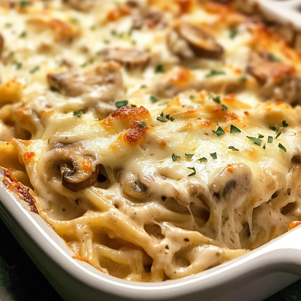 Chicken Tetrazzini (creamy chicken mushroom pasta bake)