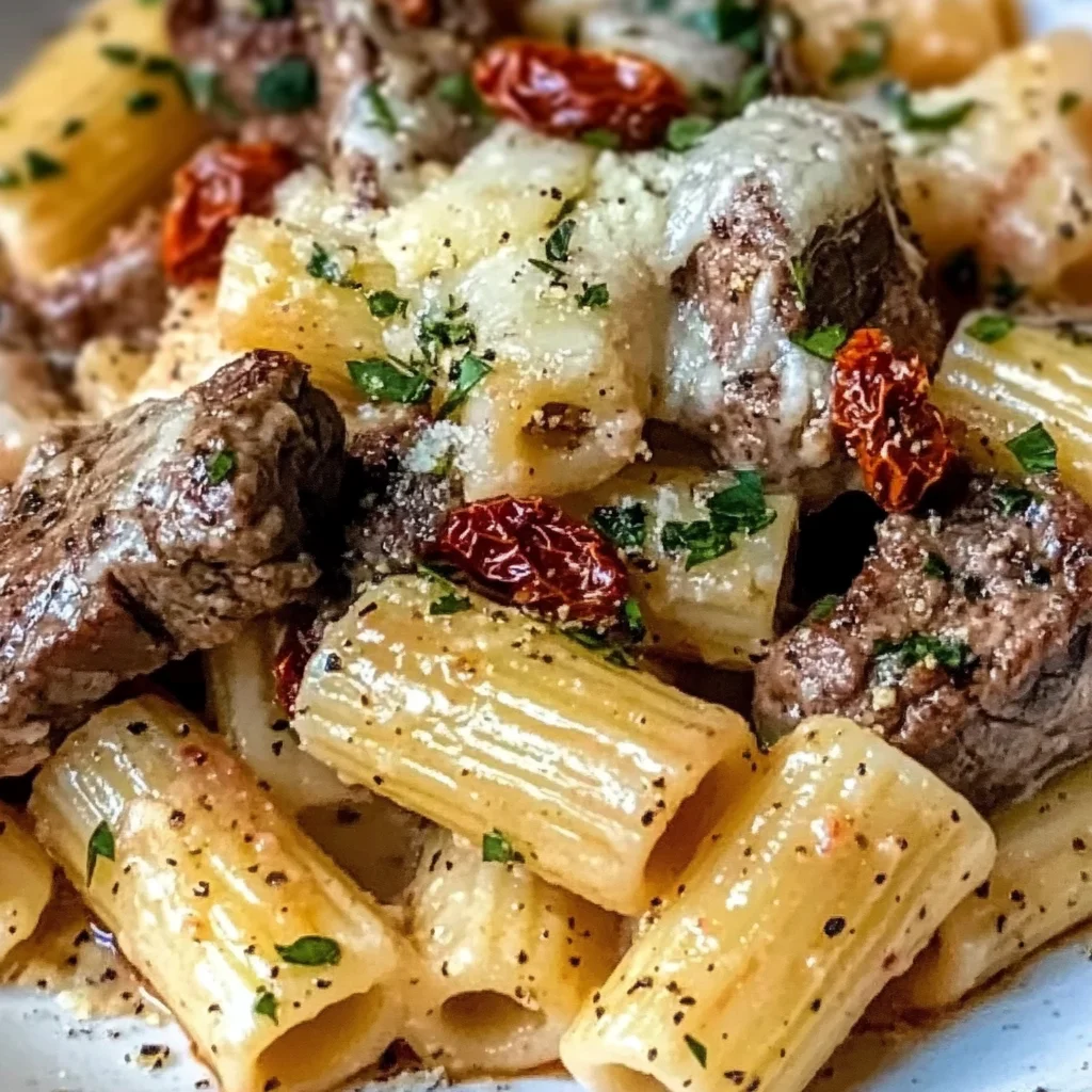 Garlic Butter Steak Tips with Cheesy Rigatoni