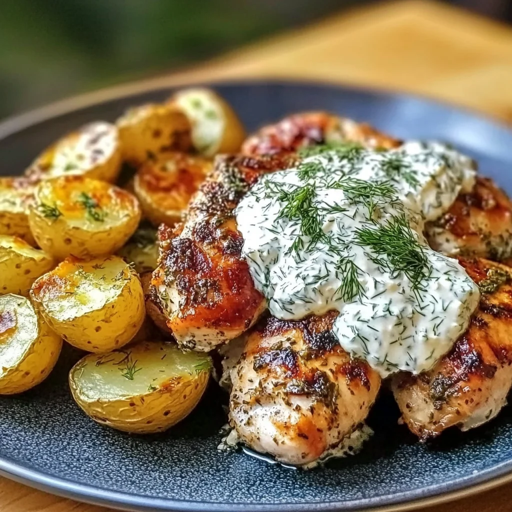 Spicy Yogurt Marinated Chicken with Dill Feta Cream & Crispy Baby Potatoes